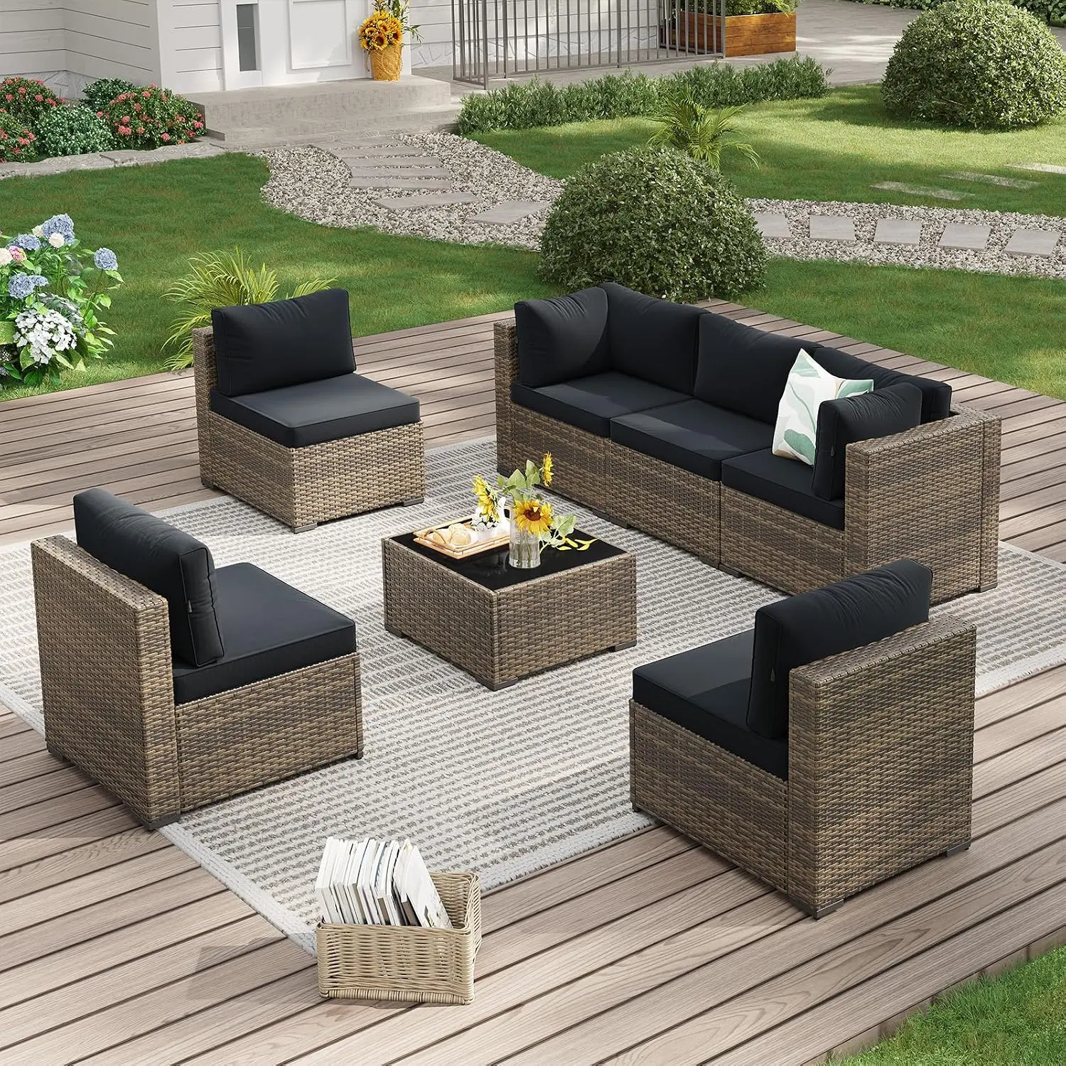 Aoxun 7-Piece Modern Weatherproof Rattan Wicker Patio Furniture Set, Outdoor Sectional Couch Sofa with Thick Cushions, Coffee Table, Yellow Black