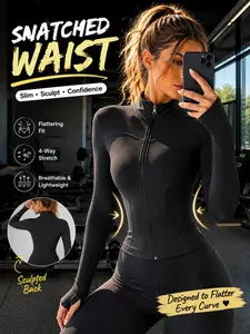 Women's Sporty Fitness Jacket, Long Sleeve Running High Stretch Yoga Top, Stand Collar Zipper Thumb Loop, Slim Fit, All Seasons, Zipper Sports Coat, Workout Jacket, S-3xl