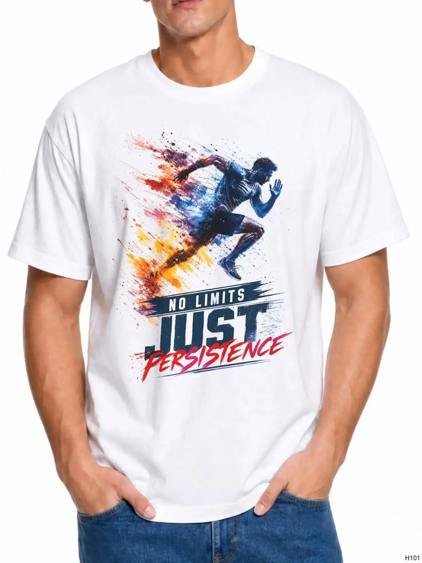 No Limits Just Persistence Motivational Sports T-Shirt, Base Ink Splash Runner Pattern, Unisex Fitness Marathon Training Essential