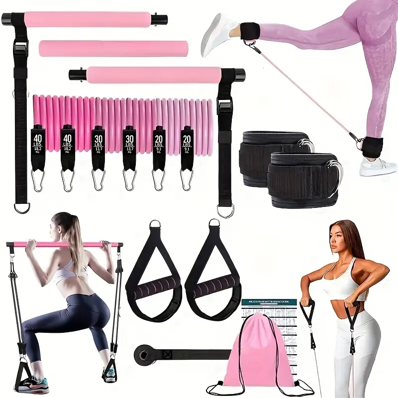 14-in-1 multifunctional pilates bar set equipped with 6 heavy-duty 180lbs tension resistance bands, foot pedal pull exercise equipment for home pilates, full body stretching and daily fitness training.