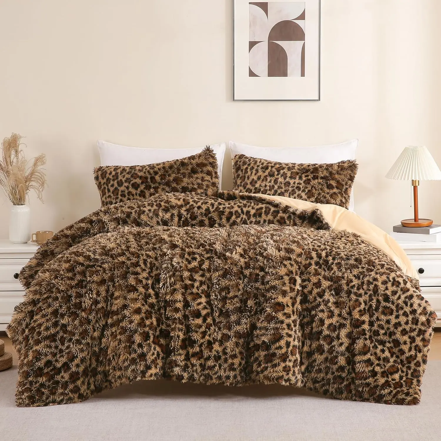 Brown Leopard Animal Print Faux Fur Comforter Set - 3-Piece Ultra Soft Luxury Shaggy Comfy Bedding Set, Boho Bedding for Women, Bedroom Decor & Cozy Setup, Animal Prints