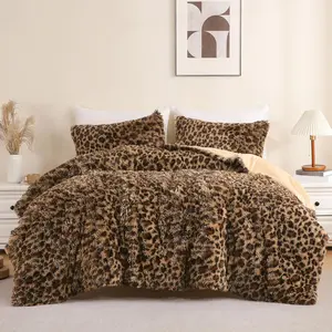 Print  Faux  Comforter Set  Size, 3 count Brown Leopard Plush Shaggy Fuzzy Bedding Set, Ultra Soft Luxury Furry Boho  Print   Comforter for Women Girls