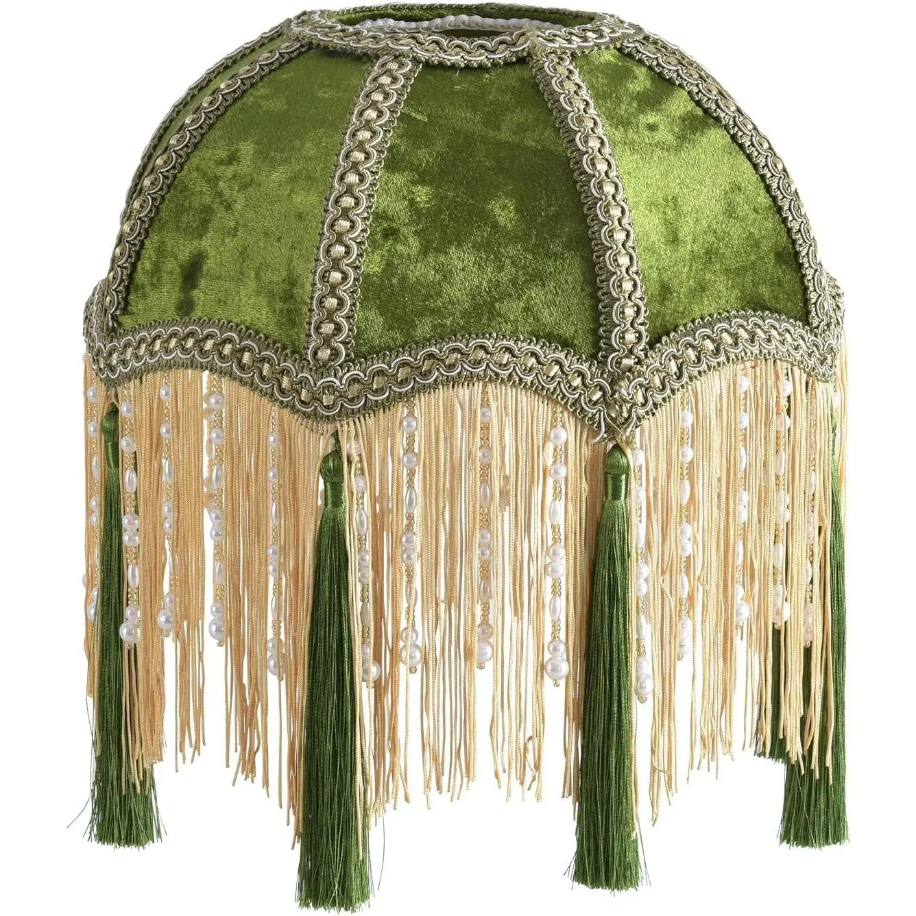 Premium Classic Victorian Bell Shape Velvet Lampshade with Tassel Trim, Scallop Top Replacement Lamp, 9.8" Width x 11.3" Height (Olive Green), Velvet Top
