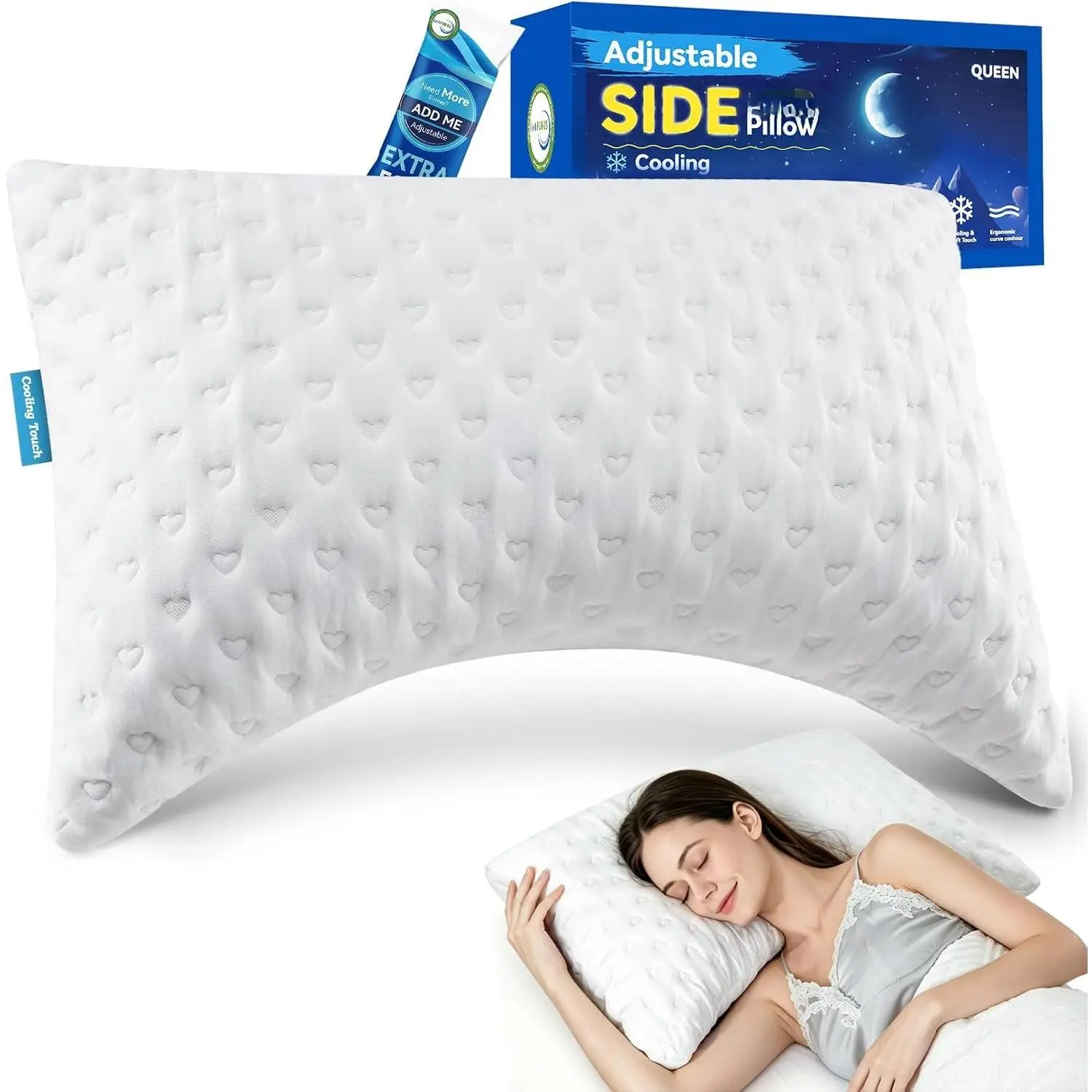Side Sleeper Pillows for  &  Comfort -  Curved Crescent Design, Adjustable Shredded Memory , Cooling & Soft Cover, Extra Fill Included,  Size