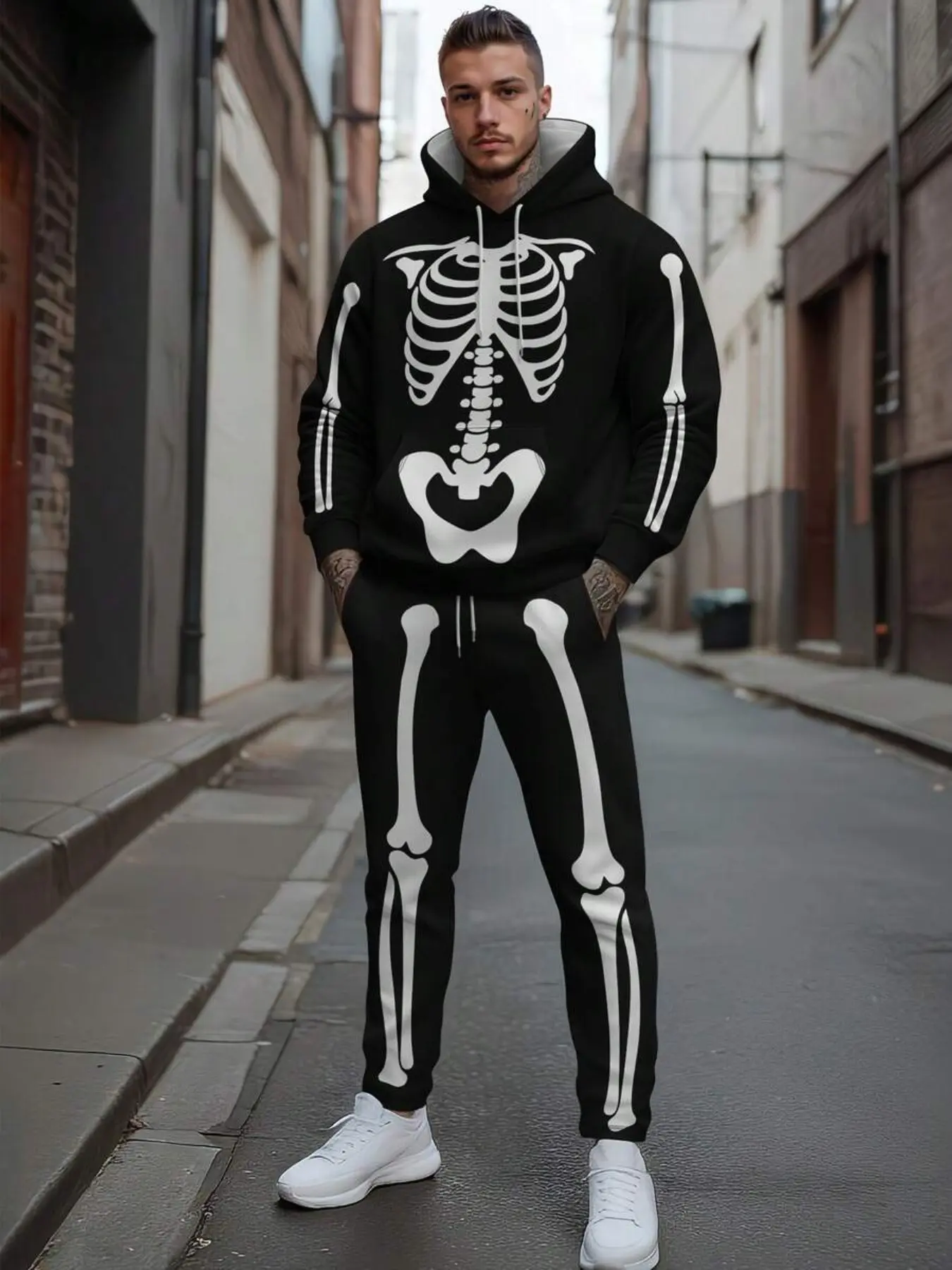 Men's Skull Skeleton Hoodie Set, Full Body Print, Slim Fit, Fall & Winter, Casual Style, All over Print, Drawstring Hooded Sweatshirt and Pants