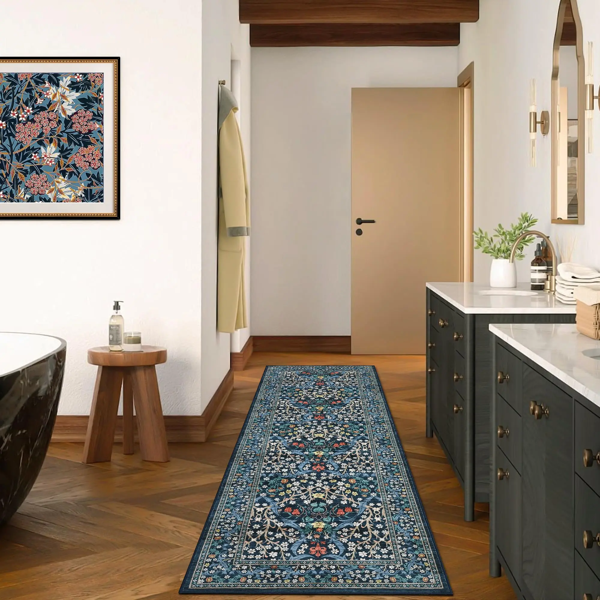 2x6 Washable Floral Runner Rug, Ivy Print Pearl Velvet Carpet with TPR Non Slip Backing, Foldable Hallway Rug for Entryway Kitchen, Green