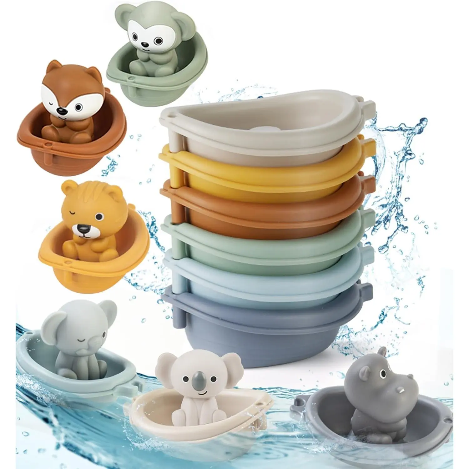 Baby Bath Toy Stackable Infant Bathtub Toys Stacking Floating Boat Train with Animal Finger Puppets Bath Toy Silicone Hand Puppet Educational Beach Toys for Babies Toddlers Party Favors