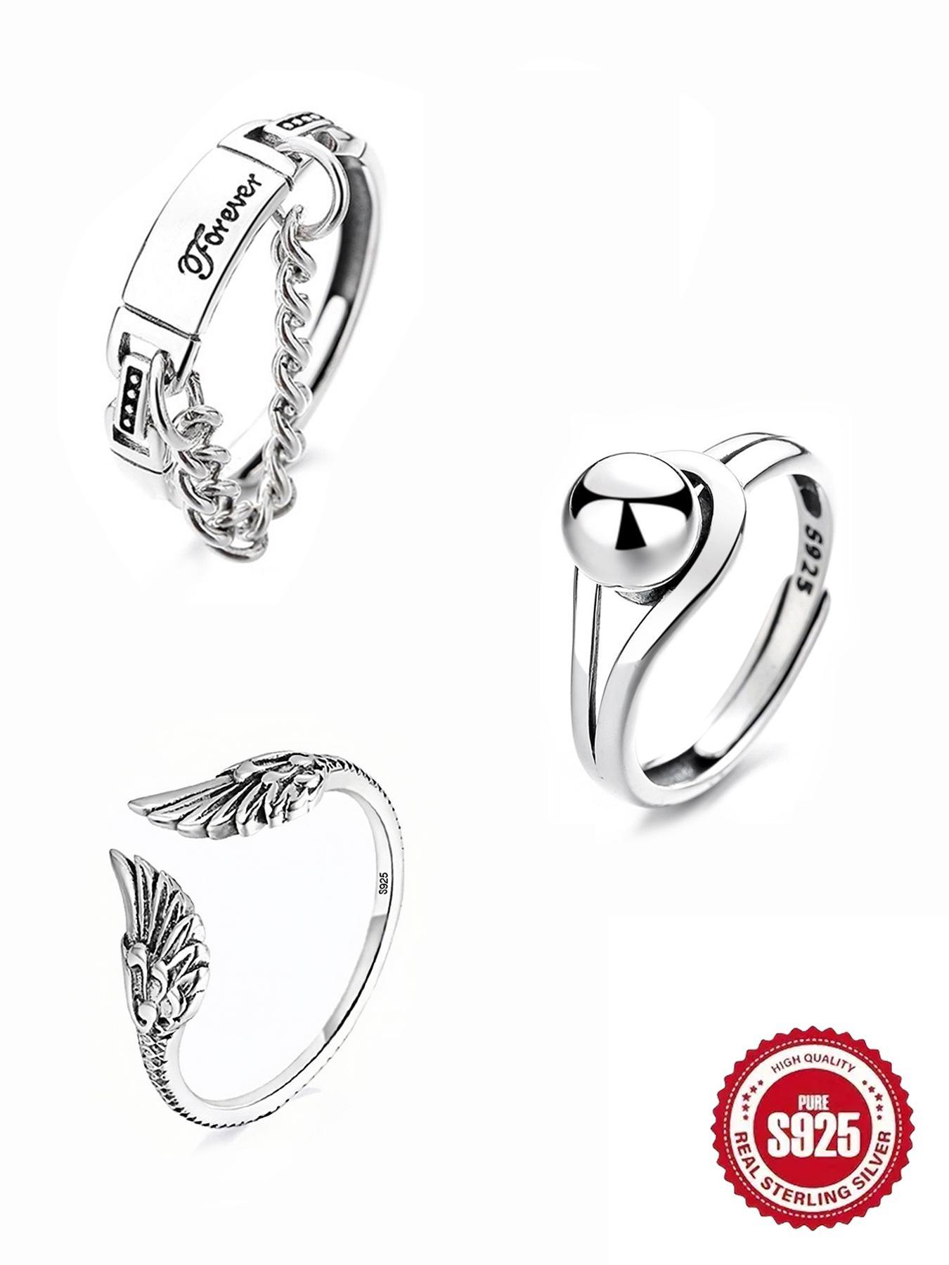 S925 Sterling Silver Vintage Angel Wing Design Cuff Ring, Open Ring, Fashion Jewelry Accessories for Women & Girls, Trendy Exquisite Jewelry for Birthday Gift