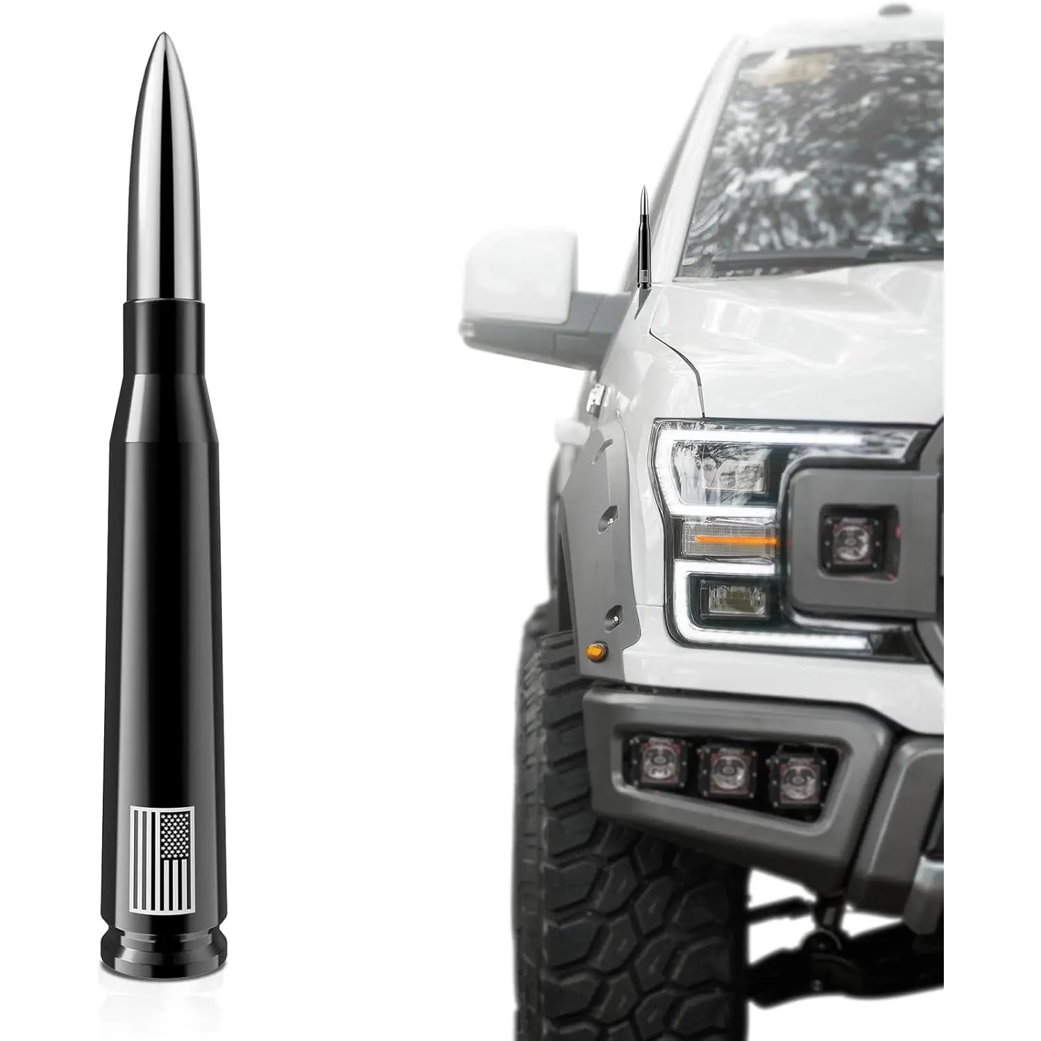 Stubby 50 Cal Metal Aluminum Bullet Antenna Replacement - Anti-Theft, Carwash Safe, Bold Look for Ford F150/F250/F350, Chevy Silverado, Dodge Ram, GMC Sierra 1500/2500/3500 (Black+Chrome), Stubby Bullet Antenna, High-Quality Copper