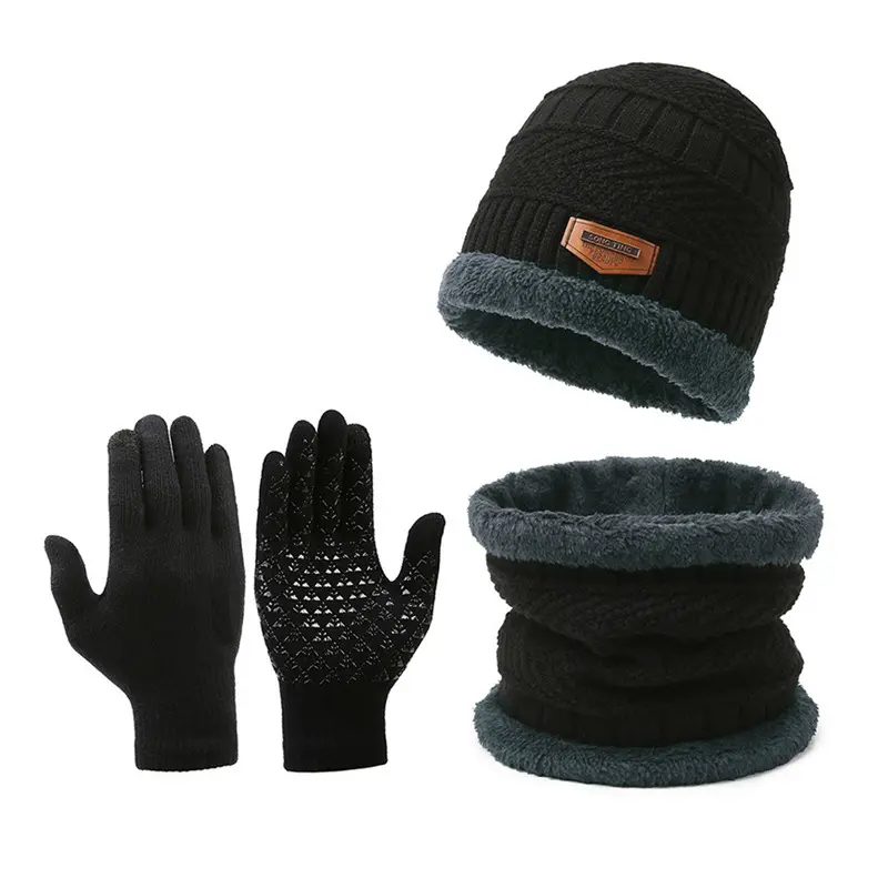 Winter Beanie Hat Scarf Gloves Set Fleece Lined Warm Knit Cap Touchscreen Gloves Thick Neck Warmer 3 In 1 Cold Weather Winter Accessories Set For Men Women Outdoor Sports Skiing Running Daily Wear Black