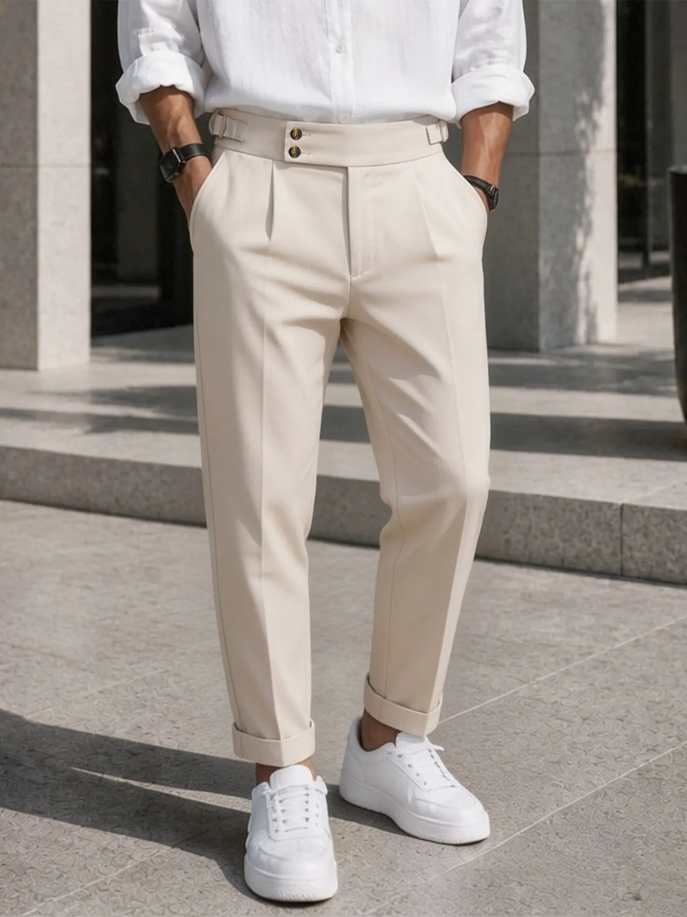 Men's Italian Style Aesthetic Solid Color Pants, High Waist Side Button Pleated Conical Casual Pants, Rolled Hem, Wrinkle-Resistant Fabric, Office Wear