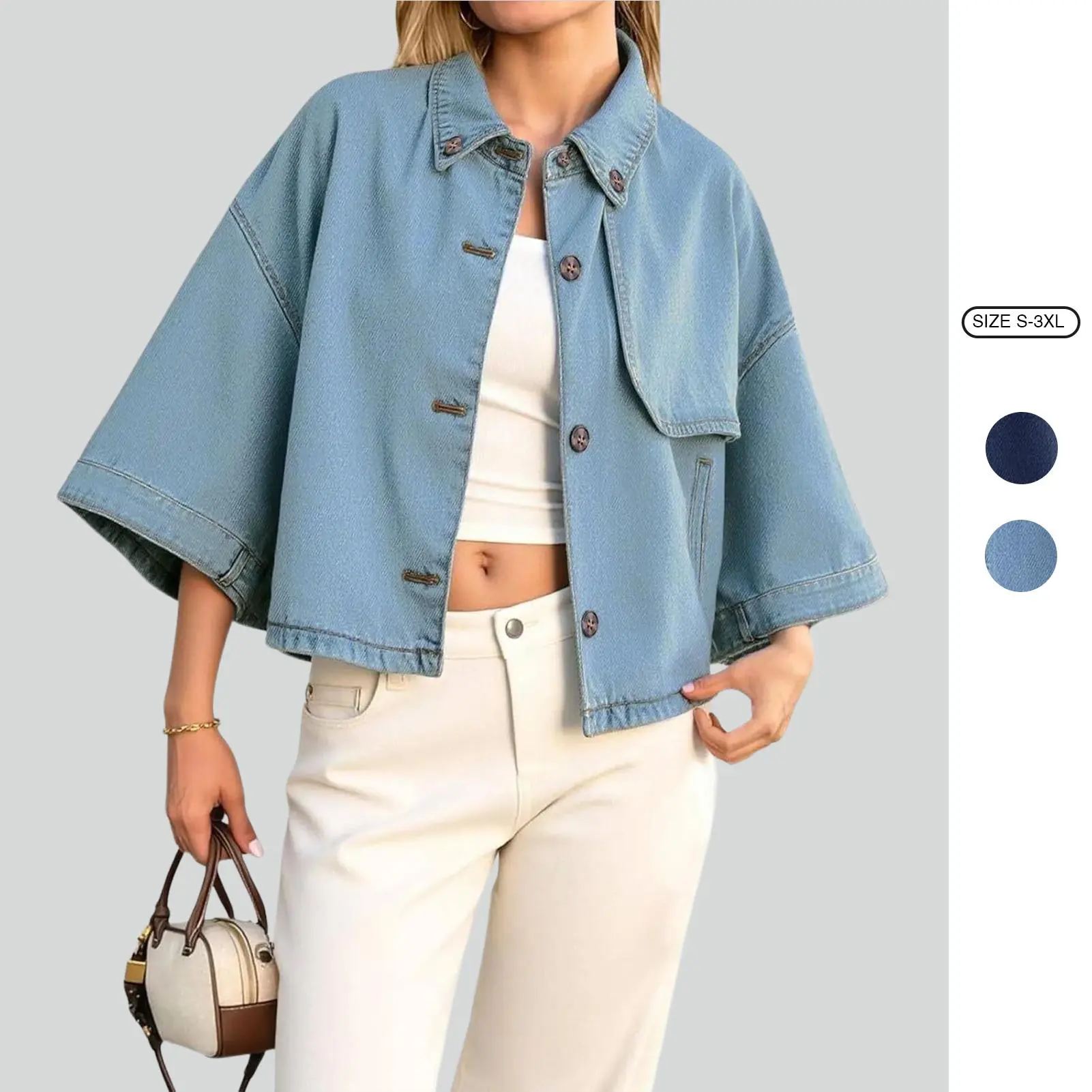 Imily Bela Womens Cropped Denim Jackets Casual Button Down Jean Shirt Shacket Loose 3/4 Sleeve Coat with Pockets