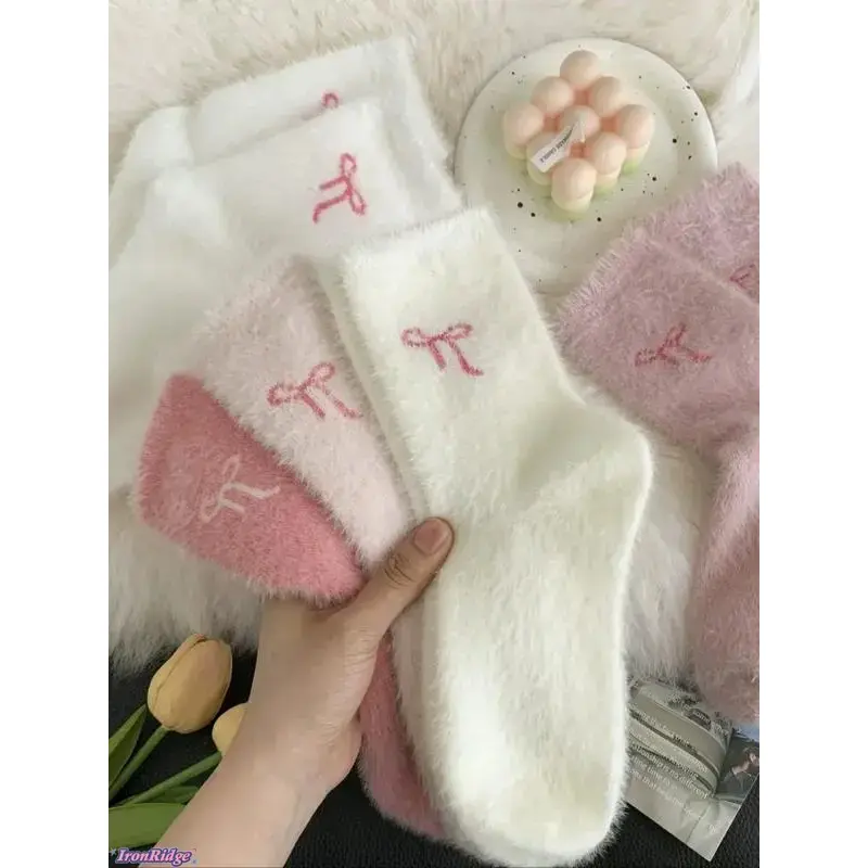 [IronRidge] Women's Mid-Calf Lady Socks, 5-Pairs Cute Faux Fur Sleep Socks with Butterfly Knot, Comfortable, Warm, Thick for Winter Sports & Outdoor Use, Warmth