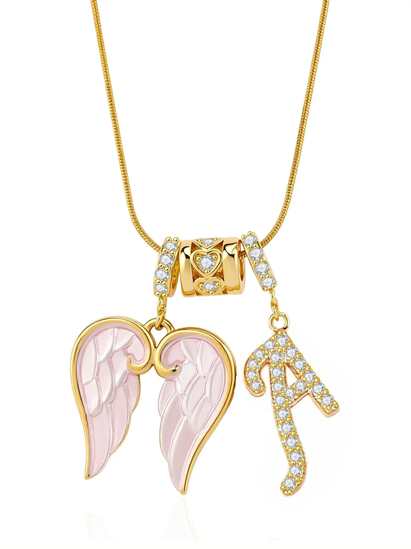 Women Cute Pink Angel Wing Design Heart Custom Letter Personalized Whimsical Necklace Sparkling Crystal Initial Pendant Gold Snake Chain Jewelry Gift