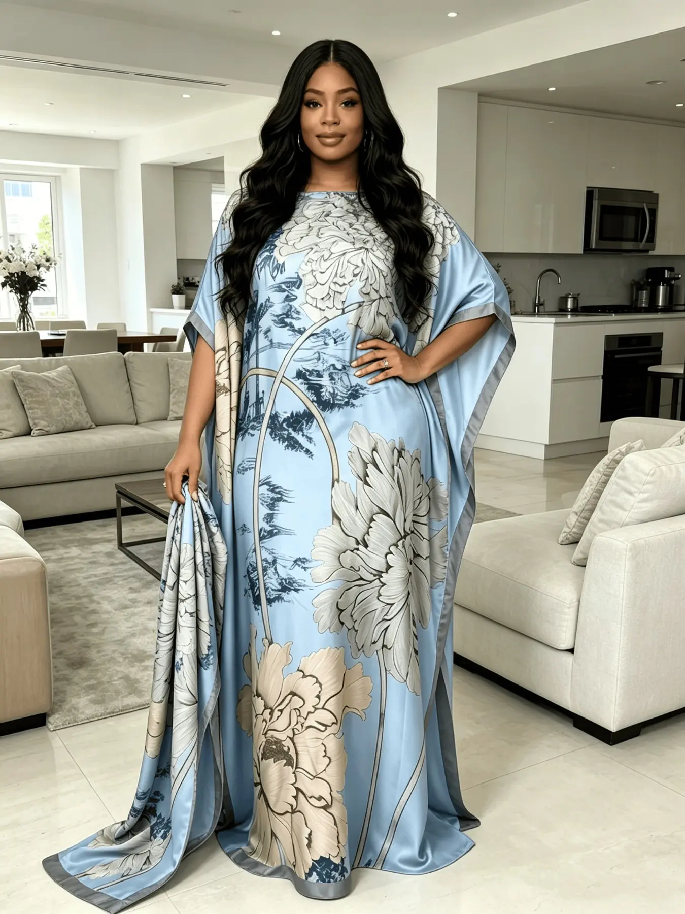 Women's Ink Wash Floral Print Maxi Kaftan Dress with Matching Headscarf, 2-Piece Set, Lightweight Loose Batwing Beach Cover Up, Resort Pool Loungewear