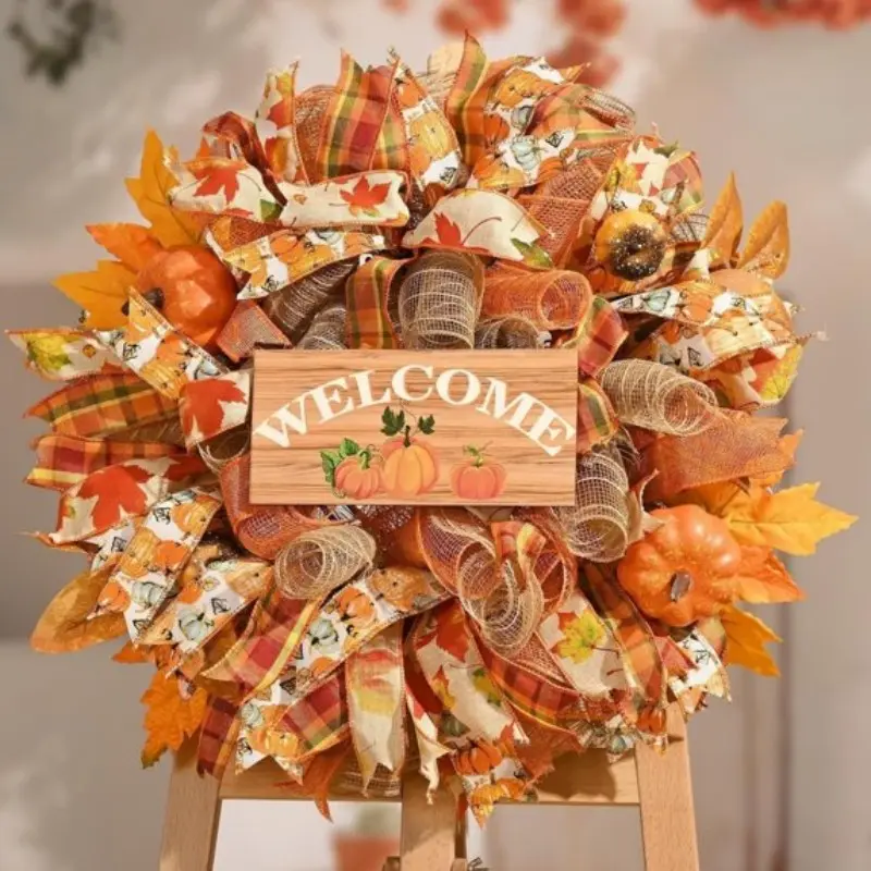 Wooden Welcome Sign Autumn Wreath, Fake Pumpkin with Plaid Hemp Rope, Maple Leaf Berries, Vintage Country Thanksgiving Outdoor Door Hanging Decor, Decorations And Ornaments