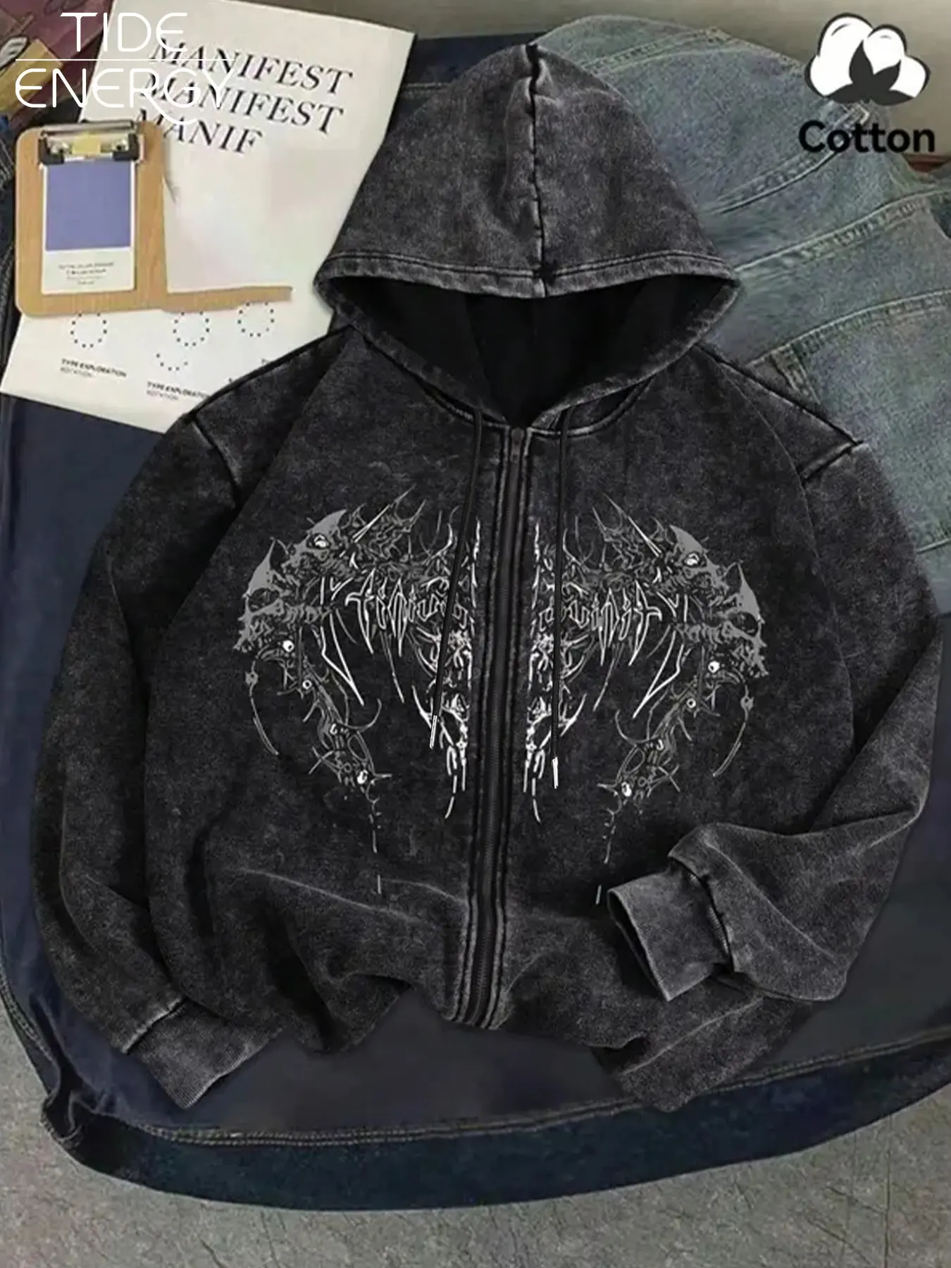 Gothic Skull Print Hoodie Jacket, Soft Acid-Washed Fabric, Punk Retro Style, Unisex Fashion, Spring Fall Wear, Urban Commute, Subculture Events