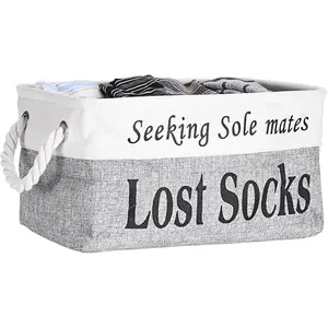 Lost Socks Basket for Laundry Room, Fabric Missing Sock Holder for Single Sock Organization, Collapsible Lost Socks Bin Stockings Container, Farmhouse Laundry Room Decor and Accessories