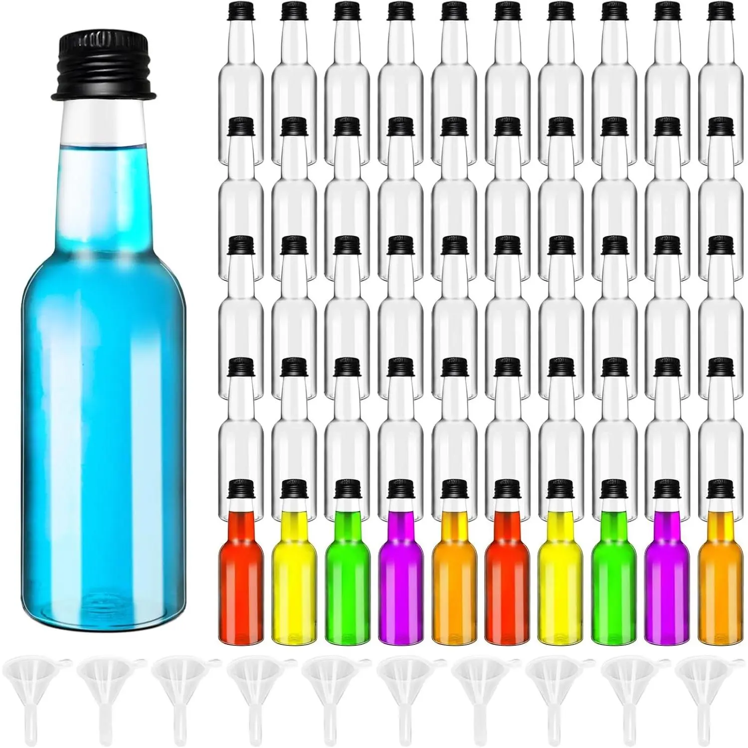 50 Pack 2 oz Mini Liquor Bottles with Black Cap,Airtight Plastic Spirit Bottle with 10 Funnels,Plastic Alcohol Shot Bottles for Weddings,Party Supplies