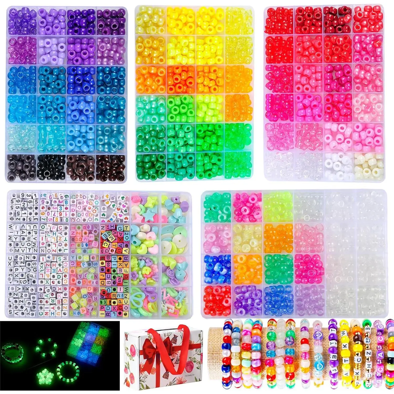 5 Boxes Pony Beads Bracelet Kit, UV Color-Changing & Glow Kandi Beads | UV Color Changing, Glow-in-Dark, Two-Tone & Alphabet Letters, Friendship  DIY Crafts