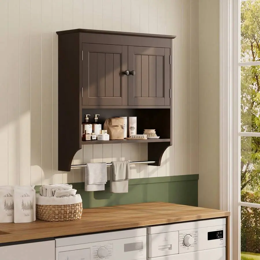 Bathroom Cabinet With Towels Bar, Mounted Medicine Cabinet With 2 Door And Adjustable Shelves, Space Saver Over Toilet Storage Cabinet Bathroom Laundry Room