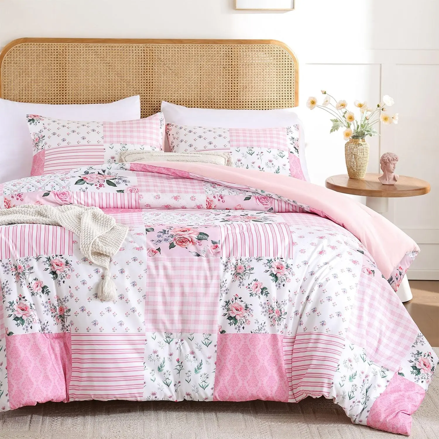 Pink Floral King Comforter Set, Soft Lightweight All Season Bedding Set for Women Girls, Cozy Cottagecore Botanical Comforter King Size with 2 Pillow Shams, Breathable Floral Bed Set