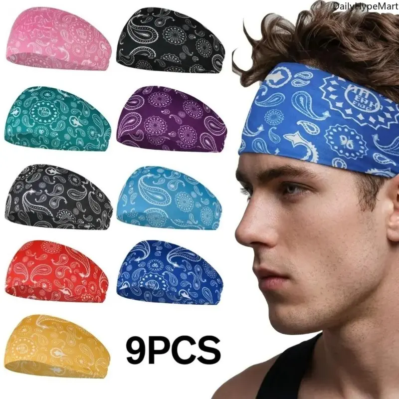 9-Pack Vintage Paisley Workout Headbands for Men & Women, Non-slip Athletic Bandana Head Wrap for Sports & Streetwear, Gym Headband, Sweat Wicking Headband, Yoga Headband