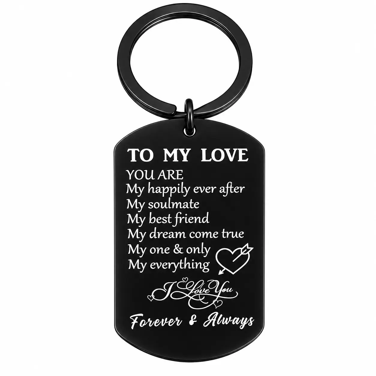Stainless Steel Dog Tag Keychain, Romantic Laser Engraved "To My Love" Message, Sentimental Anniversary or Valentine's Day Gift for Boyfriend or Husband, Laser Engraving, Romantic Gift, Daily Use, Anti-Rust Coating, Heart Arrow, Sentimental Value, Black,,
