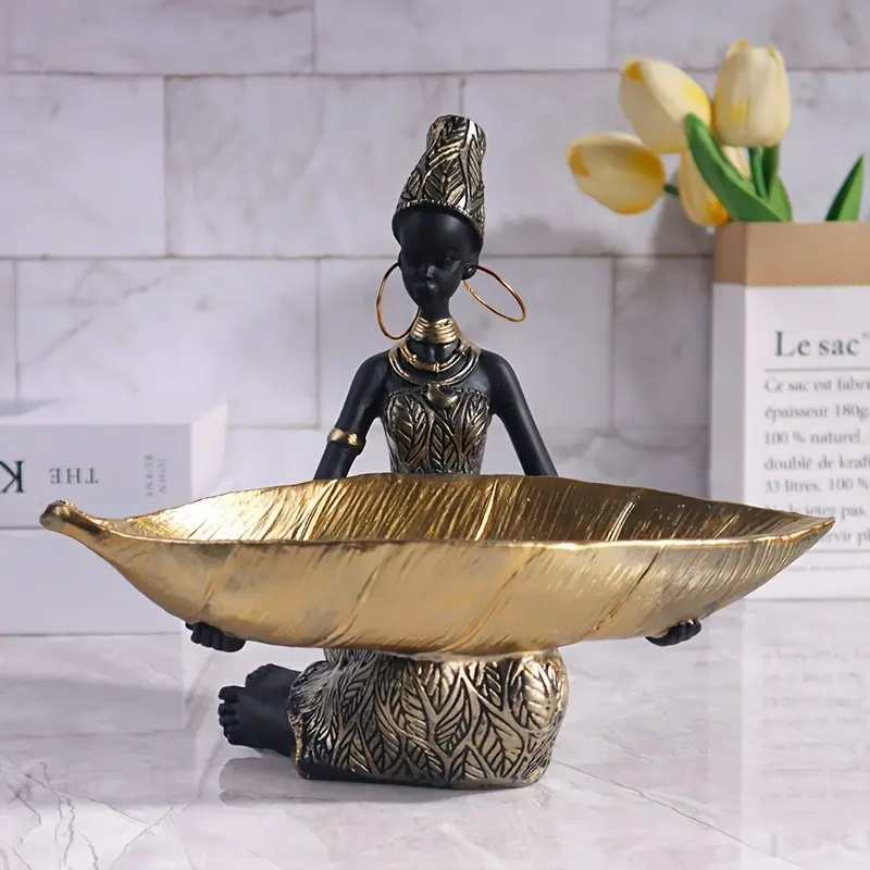 African Woman Statue with Tray, Abstract African Woman Resin Art Figurine Ornament, Multifunctional Decorative Statue for Home Office Living Room Bedroom, Decorative Figurines