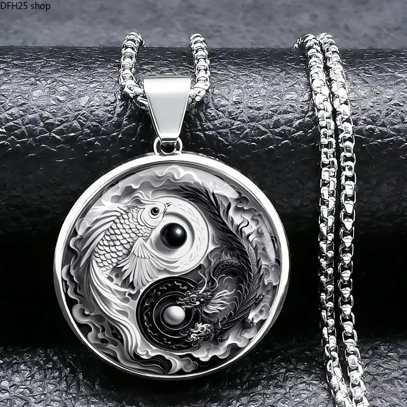 Yin Yang Dragon Fish Stainless Steel Necklace Pendant With Traditional Chinese Style, Rustproof Durable Ornament For Men Fashion Daily Matching