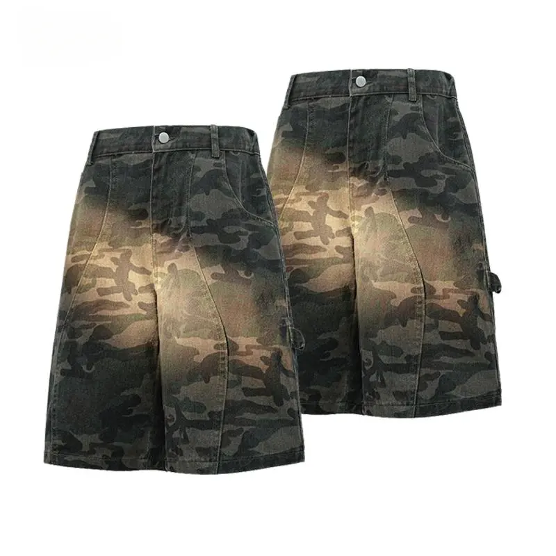 Men's Denim Shorts 2-Pack, Loose Fit with Camouflage & Gradient Prints, Trending Fashion Clothing for Summer Menswear, Baggy, Casual Polyester Shorts, Streetwear Clothing, Camo Shorts