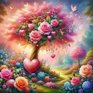 5D DIY Diamond Painting Kit with Tools Unframed Romantic Tree with Roses Hearts and Birds Sparkling Rhinestone Art for Home Wall Decor Living Room Bedroom Decoration Gift for Adults and Kids