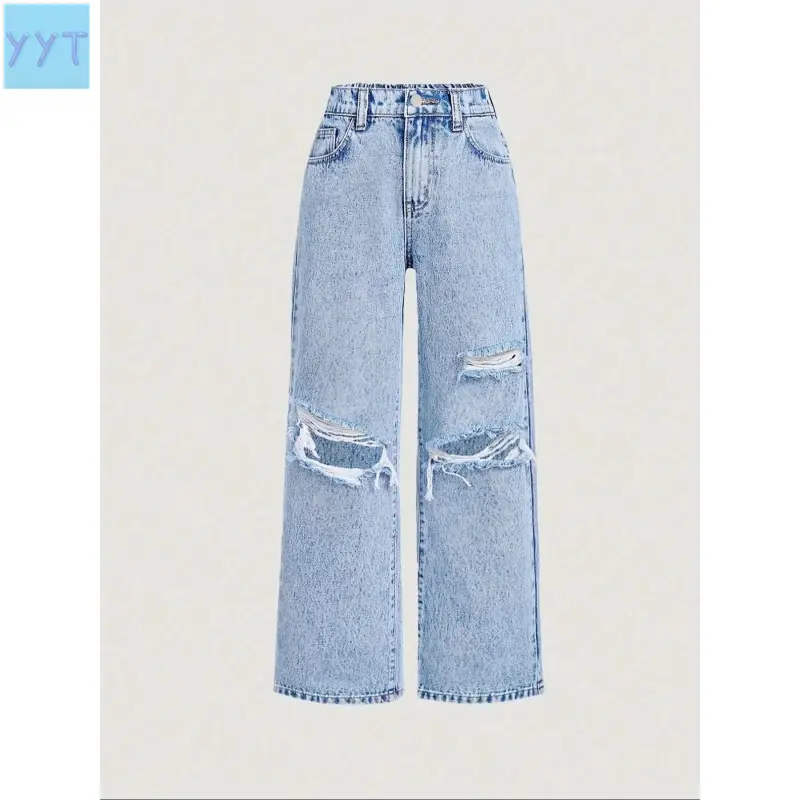 2026 Loose-fit ripped wide-leg jeans with pockets for teenage girls, comfortable jeans for all seasons, casual style, medium thickness, wide-leg pants.