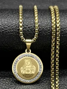 Christ Jesus Cross Heart Medal Pendant Necklace for Women Men Stainless Steel Gold Color Rhinestone Christian Chain
