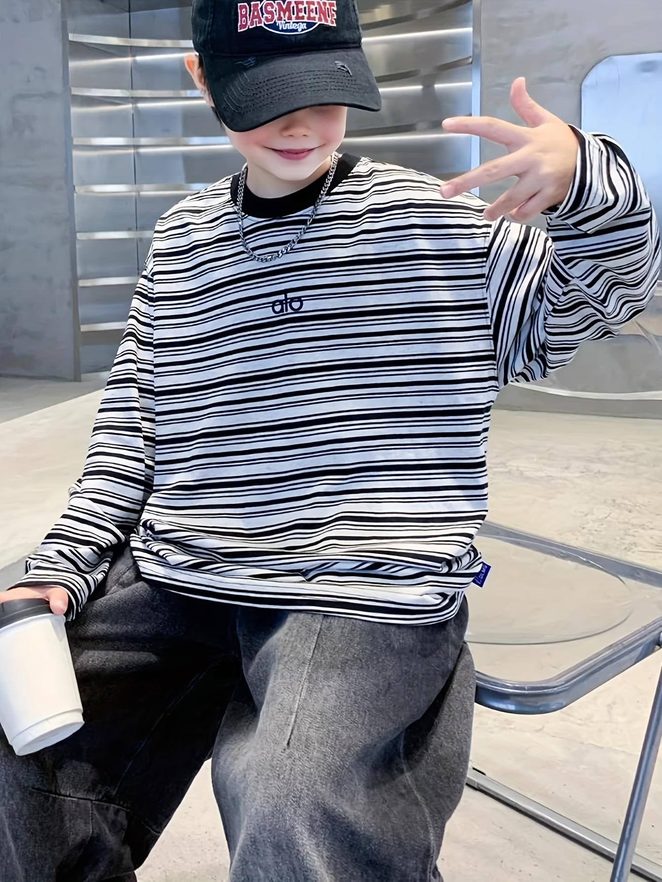 Boys' Oversized White & Black Striped Sweater Jacket - Long Sleeve Round Neck H-Line Tunic, Soft -like Stretch Fabric (No) for Spring/Fall Layering, Casual & Casual Attire - Easy-Care ' Sweater