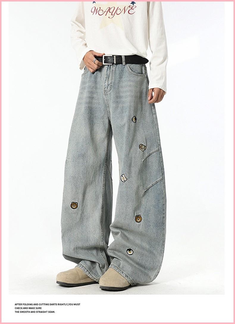 American High Street Trendy Brand Cartoon Embroidered Versatile Distressed Scimitar Pants Wide Leg Pants Straight Jeans