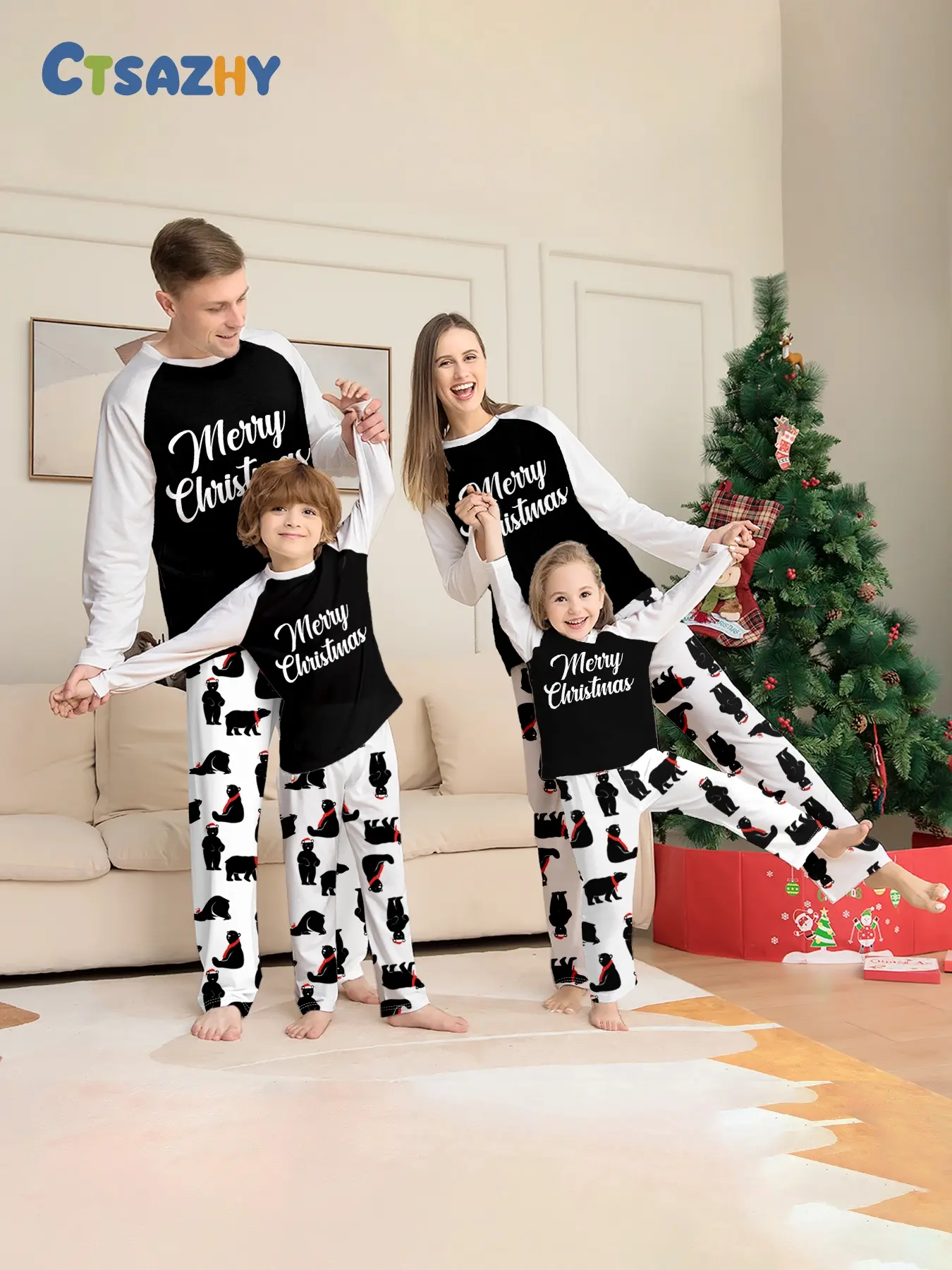 4 Piece Family Pajama Set, Christmas Bear Sleeveless Style, Block Long Sleeve Top, Cute Bear Print Pants, Soft Comfortable