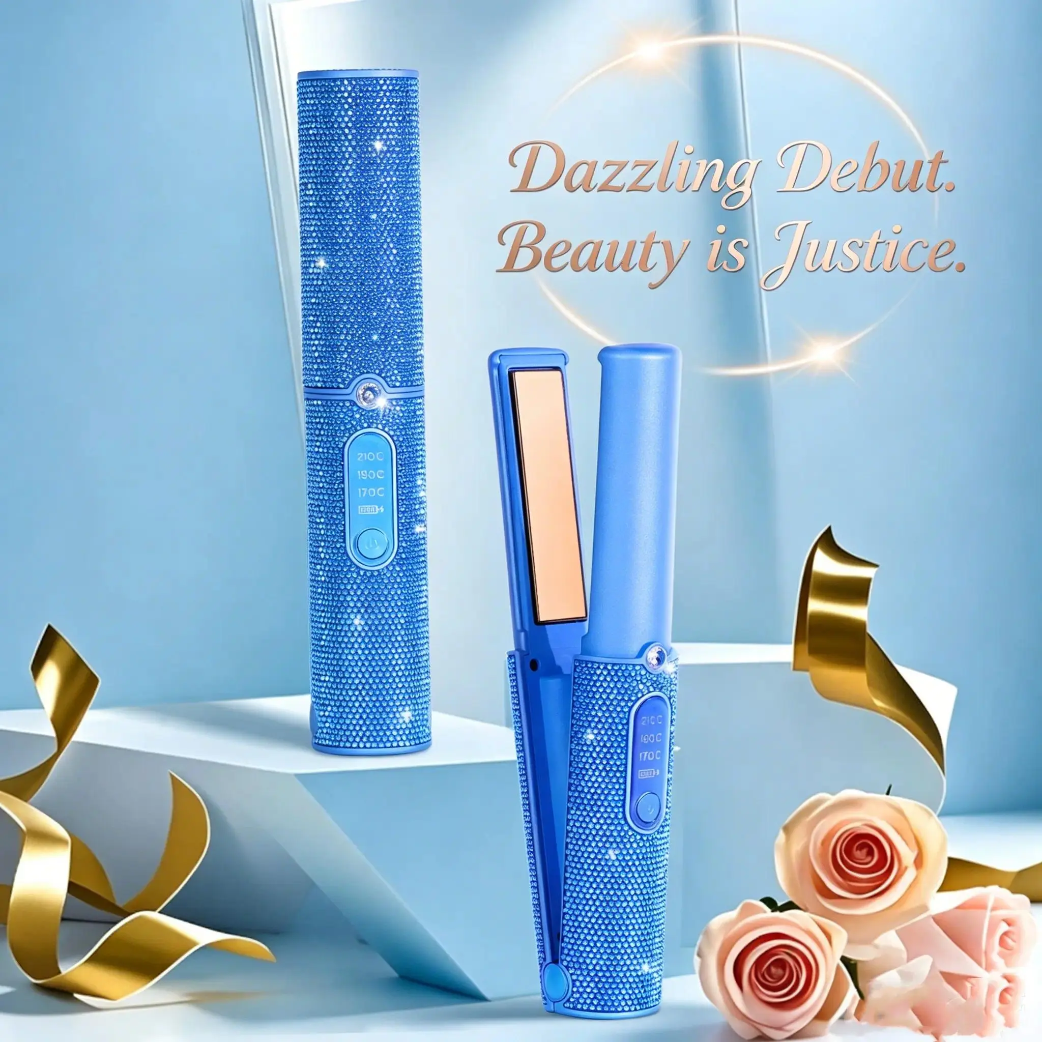 Blue Rhinestone Decor Cordless 2-in-1 Straightener Curler - Mini Styling Iron with 3 Adjustable Temperatures, Straightening, Hair Straightener, Wireless Straightener