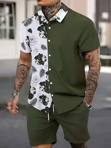 2026 Summer Holiday Hawaiian Shirt Set, Simple Design, Soft Skin-Friendly Material, Collared Blouse, Drawstring Shorts, Tropical Style