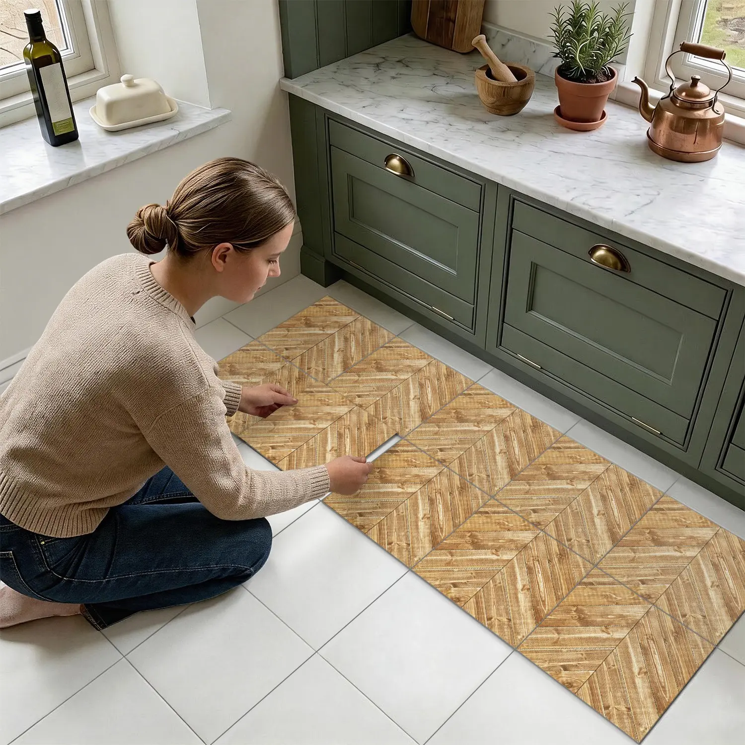10PCS Per Box PTS PVC Frosted Film Peel & Stick Tile Stickers, Natural Herringbone Wood Grain Self-Adhesive Floor Decals, Waterproof Oil-Proof Shock Resistant DIY Decor For Kitchen, Bathroom, Old Tile & Wood Panel, Peel And Stick Floor Tile Bathroom