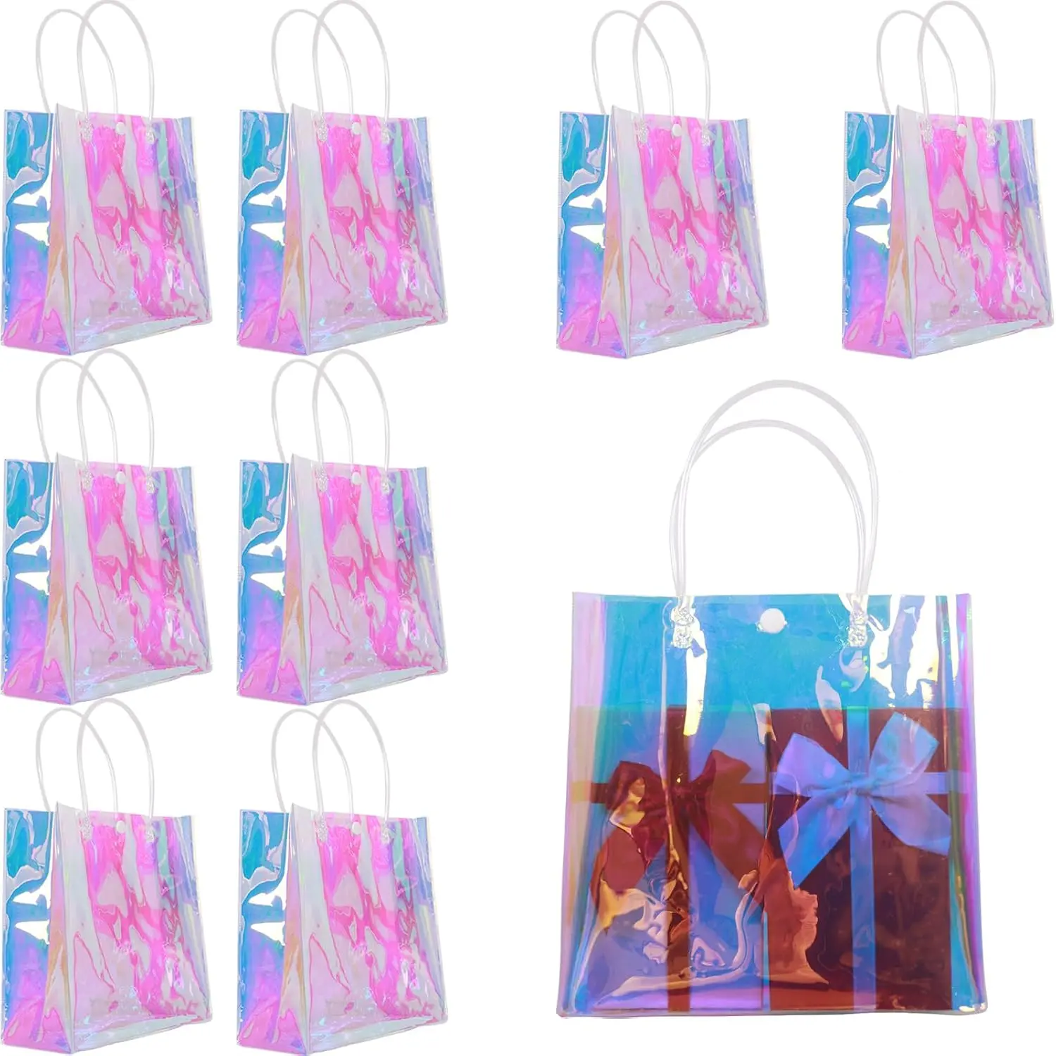 9 count Holographic Small  Bag(7.9"x7.9"x3.1"),  Iridescent Clear  Bags with Handles - Ideal As Bridesmaids, Birthday  Bags, Christmas  Bag, Party Favor Bags
