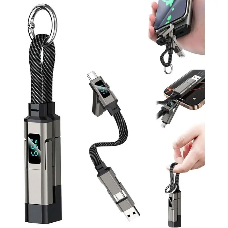 4 in 1 USB C Keychain Charger Cable,65W Fast Charging Short Phone Lanyard Data Cable Fit Light-ning/Type-C/USB-A/USB-C,Portable Short Charger Cord,Digital Display,for Tablet,Laptop,Computer
