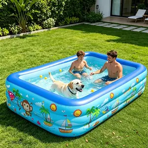 1.5/2.6m 3-Layer Inflatable Pool, Beach Scene Design, Durable PVC, Portable Foldable, Ideal for Backyard, Garden Parties, Summer Fun