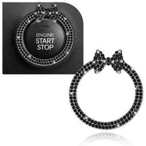 Bling Bow  Engine Start Stop Button Decoration Ring, Cute Double Rhinestones Auto Key  Button Ring Sticker, Sparkling  Interior Buttons Accessories for Women(Black)