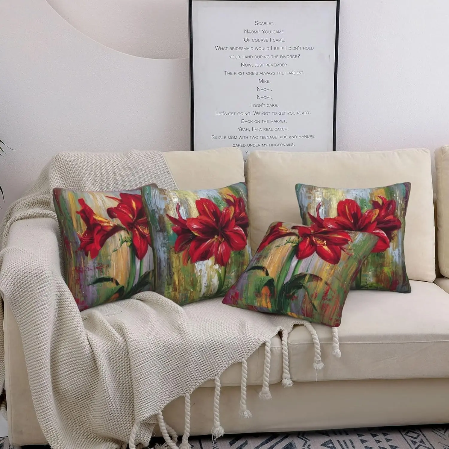 4 pieces of French romantic red flower pillowcases, 23in * 23in, suitable for living room, bedroom or guesthouse, throw pillow cover, soft plush material / double-sided printing, suitable for giving to family and friends, applicable all year round