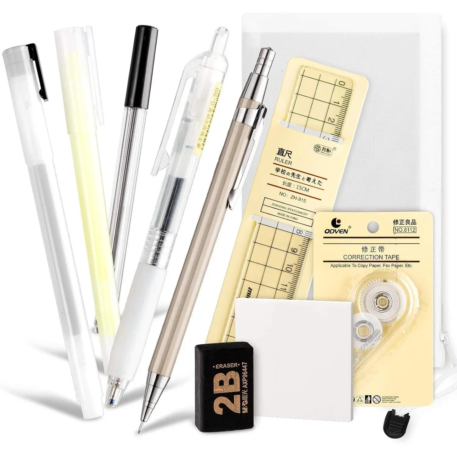 10Pcs Japanese Style Stationery Set, Gel Ballpoint Pen, Mechanical Pencil, Lead Refills, Correction Tape, Sticky Notes, Eraser, Ruler, Highlighter, Bag, Back to School Supplies for Students