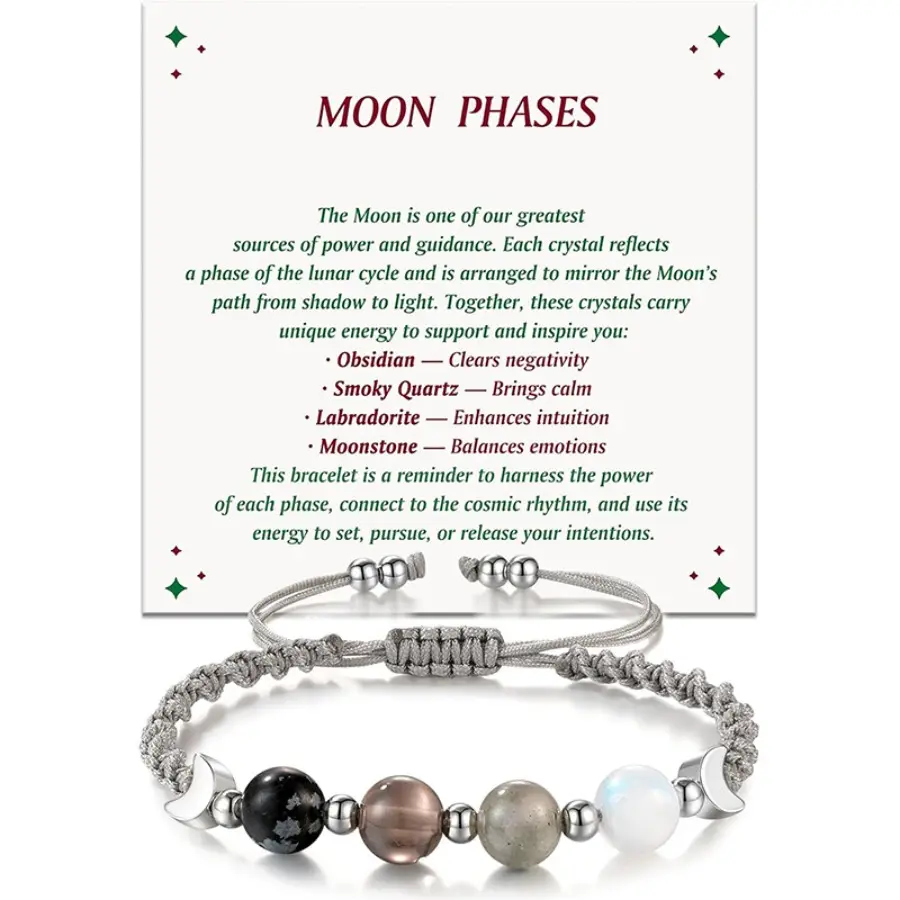 Women's Witchcraft Aesthetic Natural Stone Bracelet - Moonstone, Obsidian, Smoky Quartz, Labradorite, Dark Gradient Beads, Braided Cord - Divine Feminine Costume Jewelry for Energy Clearing, Emotion Balancing Everyday Wear, Cosmic Theme, Natural Stones, B