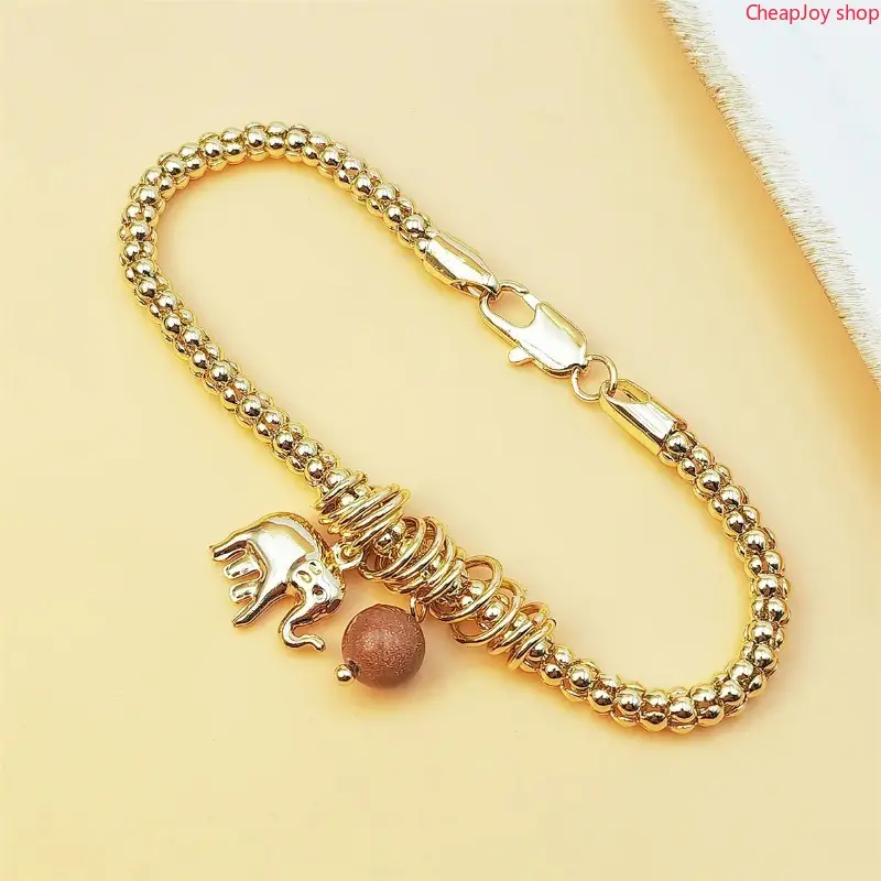 2026 14K Gold Plated Beaded Chain Bracelet with Lucky Elephant Charm & Sunstone Pendant - Good Luck Statement Jewelry for Women, Lobster Clasp, Adjustable