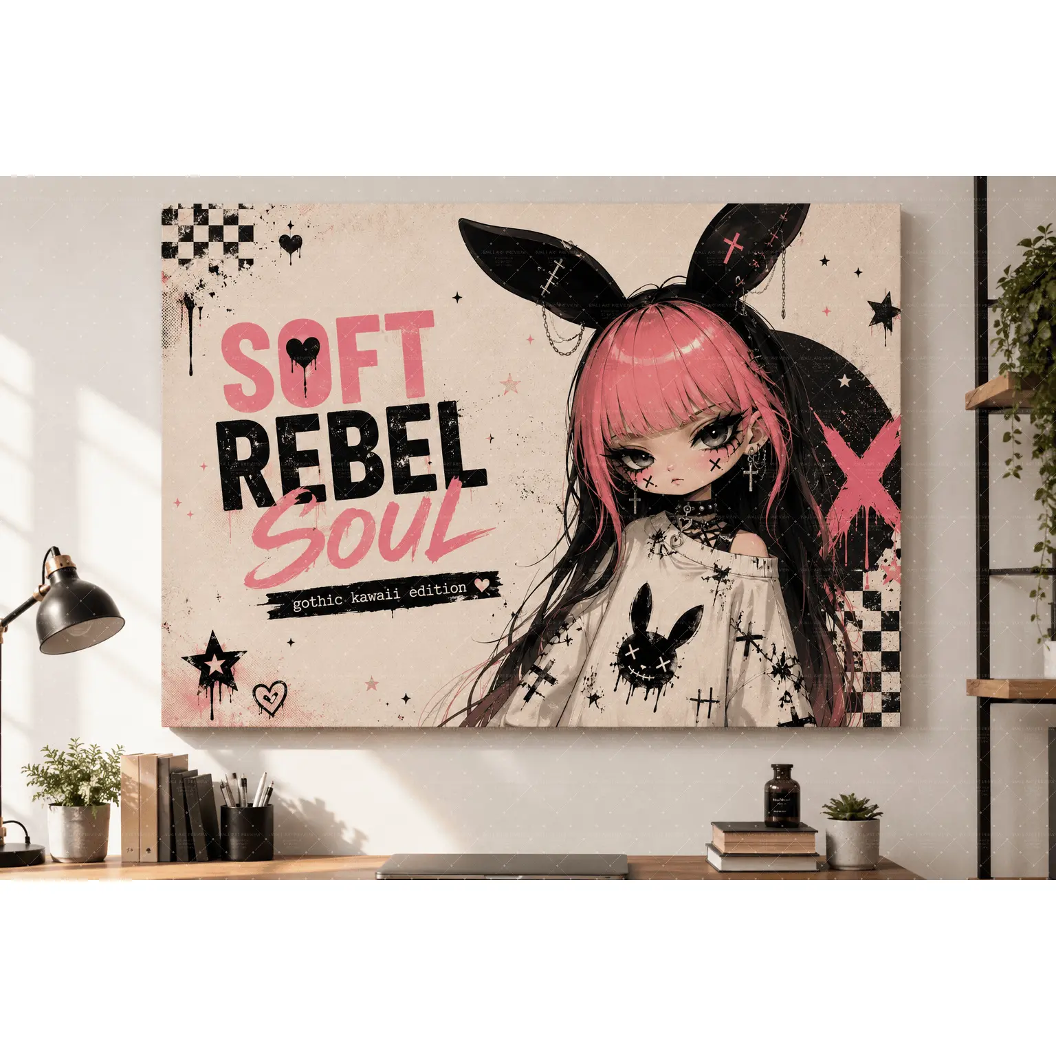 Soft Rebel Soul Gothic Kawaii Anime Girl Canvas Poster, Pink Black Bunny Ears Wall Art, Grunge Aesthetic Print for Teen Bedroom, Y2K Room Decor, Modern Trendy Gift,wall decor,poster.