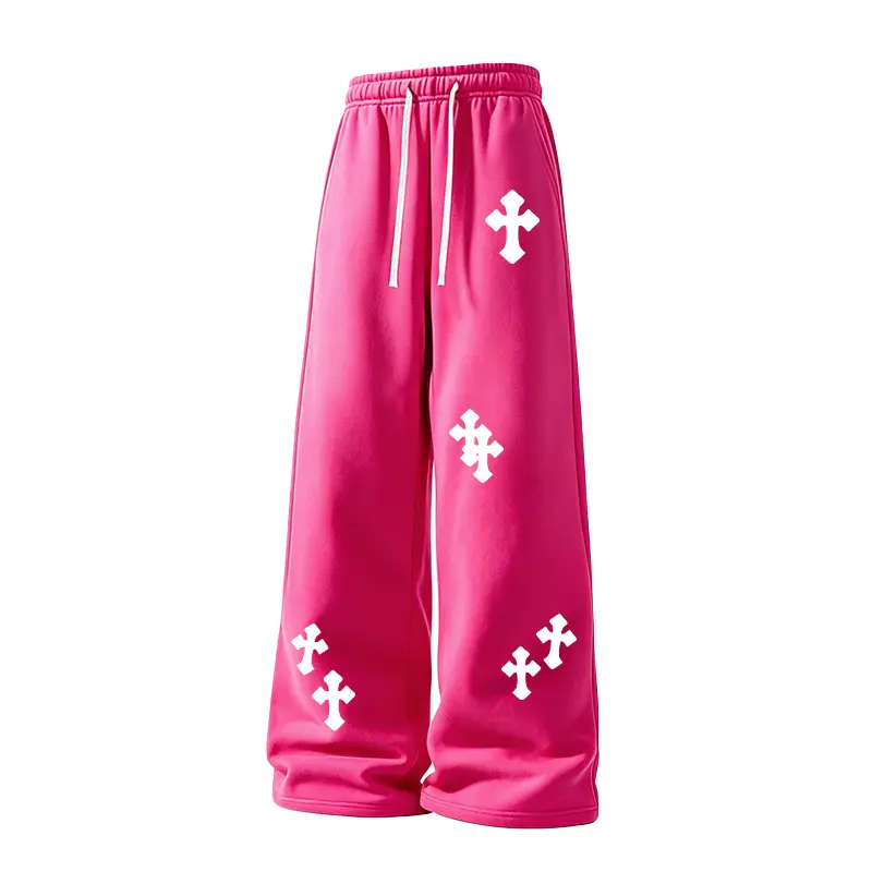 Wide-leg sweatpants suitable for both men and women, 60.1% Cotton 39.9% Polyester,featuring multi-color white cross-pattern print, elastic drawstring, Y2K gothic style, streetwear pants